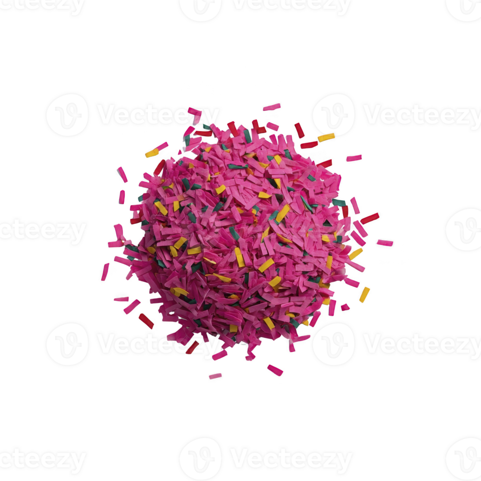Vibrant pile of colorful sprinkles, predominantly pink, with hints of yellow, green, and blue, creating festive and playful appearance. Perfect for decorating desserts and adding touch of fun png