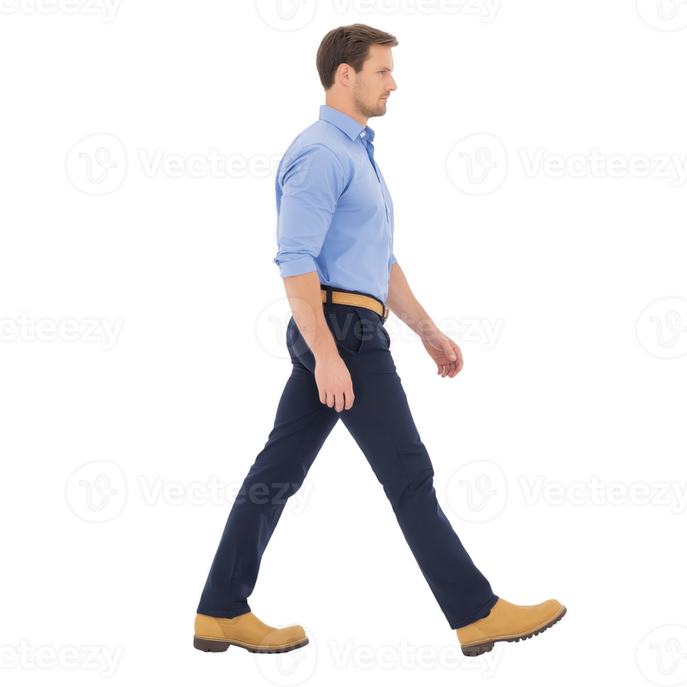 Man in blue shirt and dark pants confidently walks forward, wearing tan shoes. image captures side view, highlighting his determined stride and professional attire png