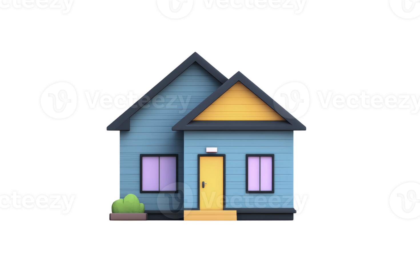 Charming illustration of small blue house with yellow roof and door, featuring pink windows and small garden. design is simple and inviting, perfect for real estate or home related themes png