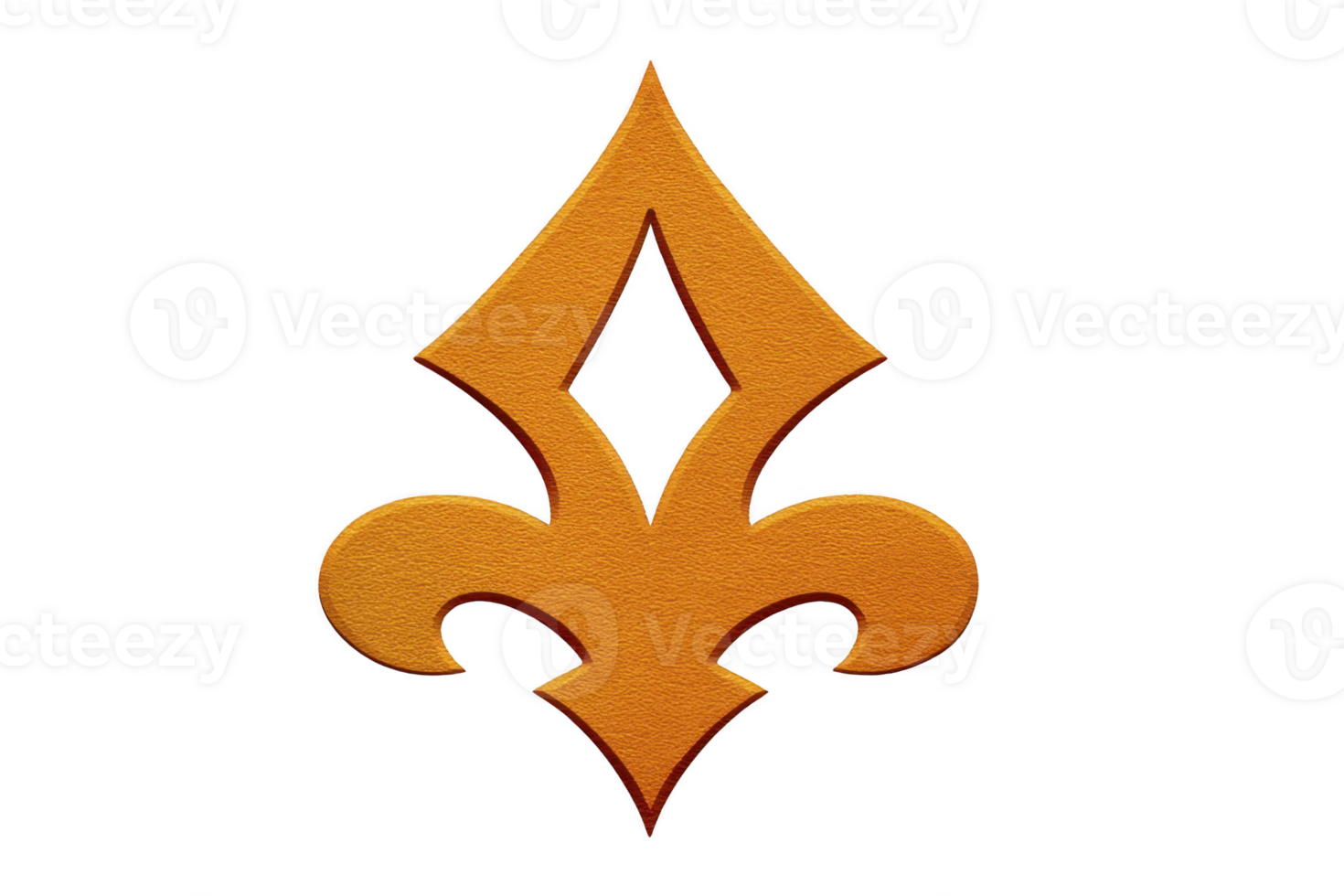 Orange fleur de lis symbol with textured surface, featuring stylized, symmetrical design. emblem is isolated on transparency background, often associated with heraldry and French culture png
