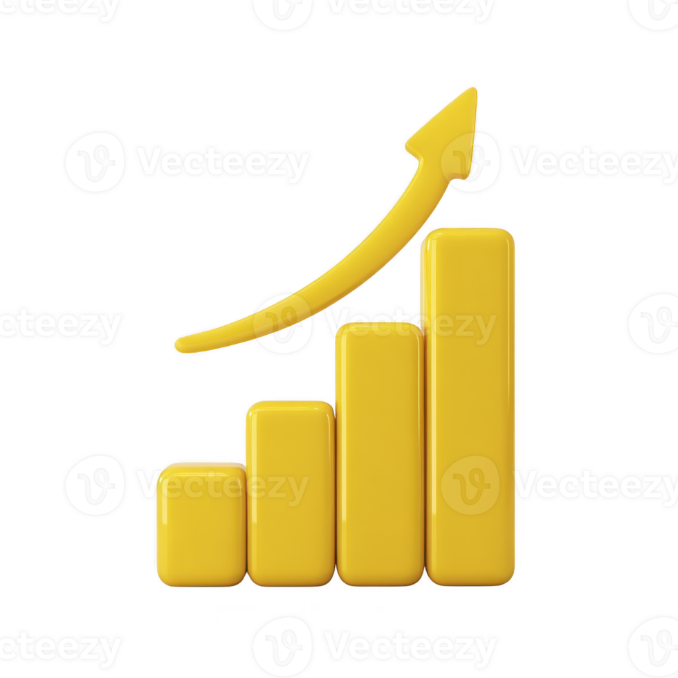 Yellow 3D bar graph with upward arrow symbolizes growth and success. bars increase in height from left to right, representing positive progress and improvement png