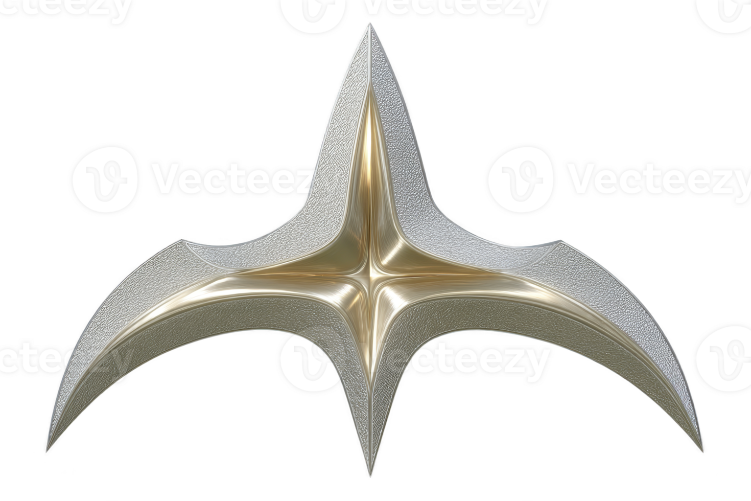 Sleek, futuristic metallic emblem with symmetrical, star like design featuring smooth curves and shiny surface. emblem has three dimensional appearance, suggesting modern or sci fi theme png