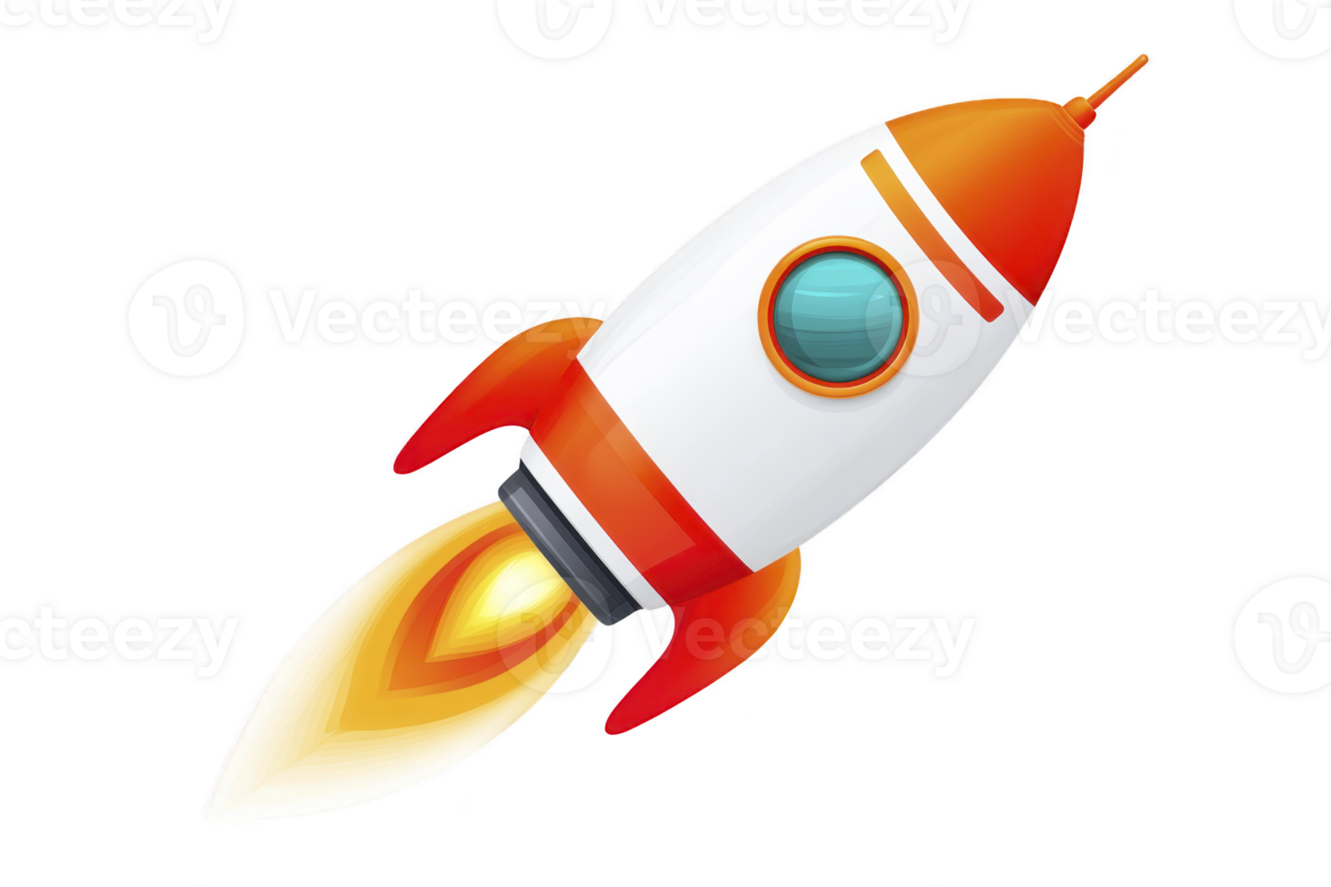 Colorful cartoon rocket with red nose cone, white body, and orange fins, blasting off with fiery trail. design is playful and vibrant, evoking sense of adventure and exploration png