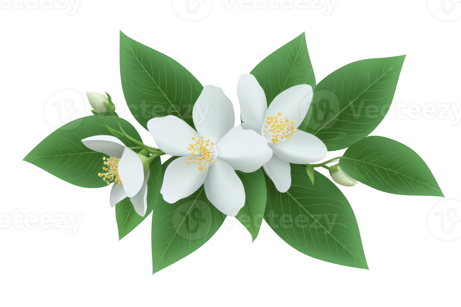 White jasmine flowers with green leaves create fresh and elegant arrangement, showcasing delicate petals and vibrant foliage. composition exudes sense of tranquility and natural beauty png