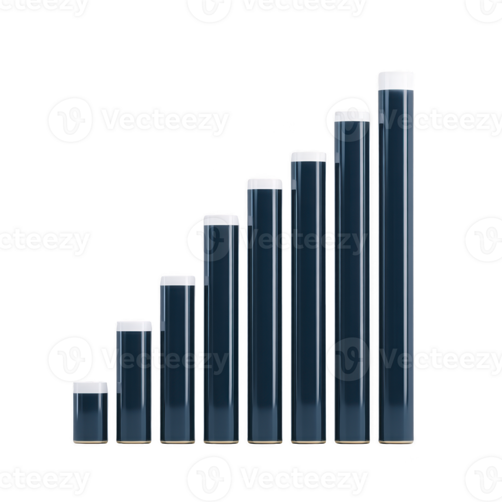 3D bar graph with seven vertical bars of increasing height, representing data growth or progress. bars are dark blue with white tops, set against transparent background png