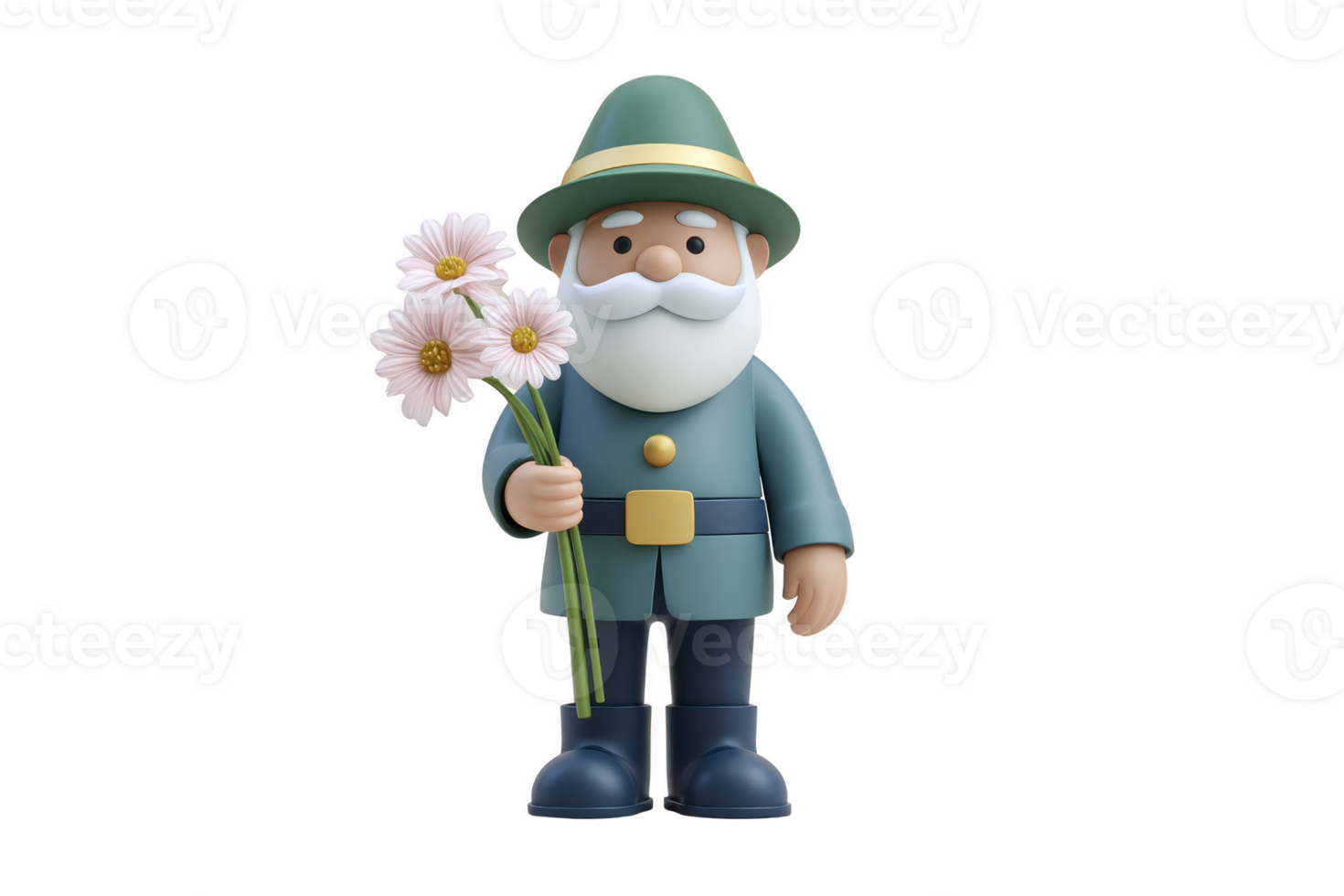 Cartoon gnome in green hat and coat holds bouquet of pink flowers, exuding whimsical charm. character cheerful expression adds playful touch to scene png