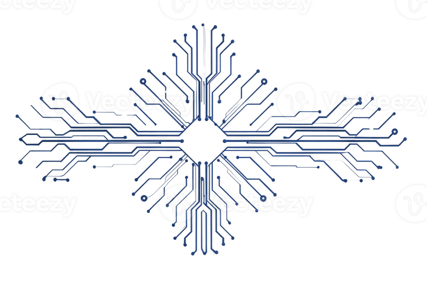 Complex circuit board design forms symmetrical pattern, resembling snowflake. intricate blue lines and connections create futuristic and technological aesthetic png
