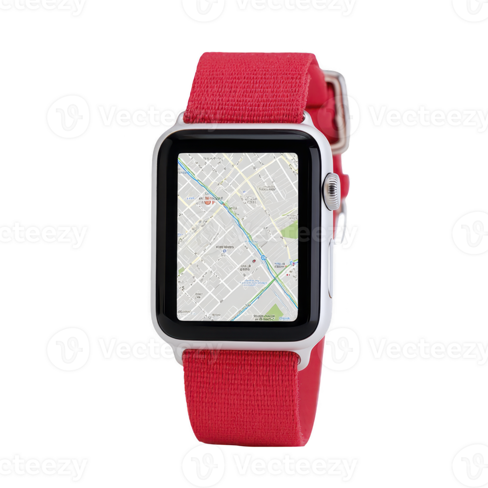 Smartwatch with red strap displays map on its screen, showcasing modern technology and navigation features. sleek design and vibrant color make it stylish accessory png