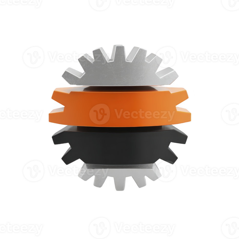 3D rendering of interlocking gears with modern design, featuring metallic silver, orange, and black colors. gears are symmetrically aligned, showcasing industrial and mechanical aesthetics png
