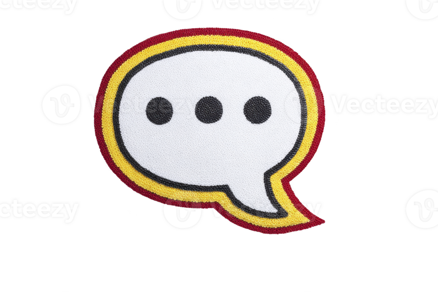 Speech bubble patch with red and yellow border and three black dots in center, symbolizing communication or conversation. design is simple and playful png