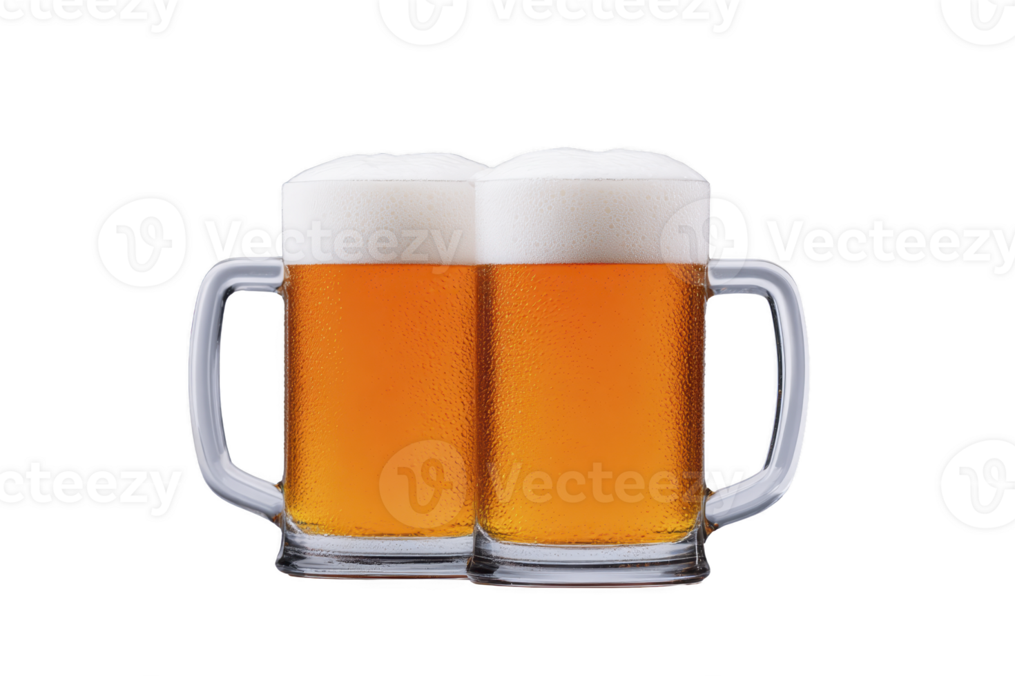Two frothy mugs of amber beer with handles are placed side by side, showcasing their rich color and inviting appearance. foam on top adds refreshing touch png