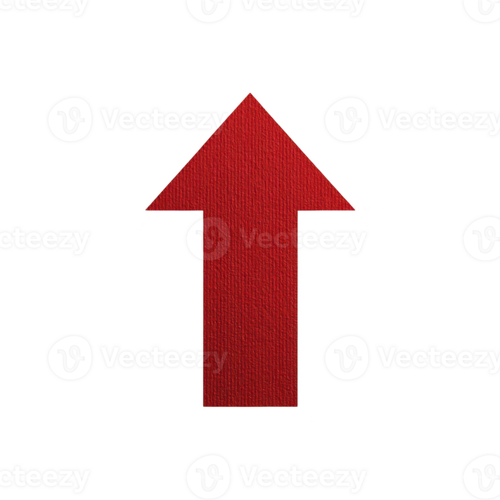 Bold red arrow pointing upwards on transparency background, symbolizing direction and progress. textured surface adds depth to simple geometric shape png