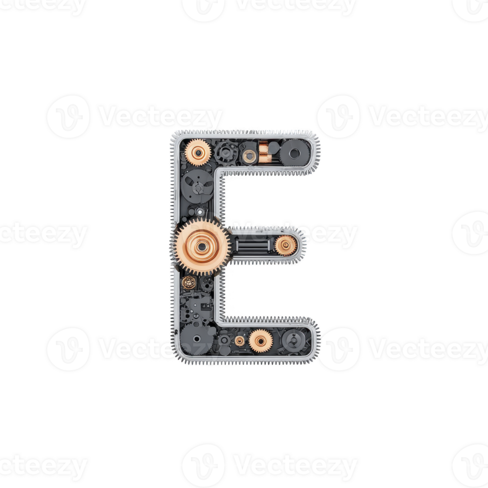 Steampunk inspired letter E design features intricate gears and mechanical elements, blending industrial aesthetics with artistic creativity. metallic components create vintage yet futuristic look png