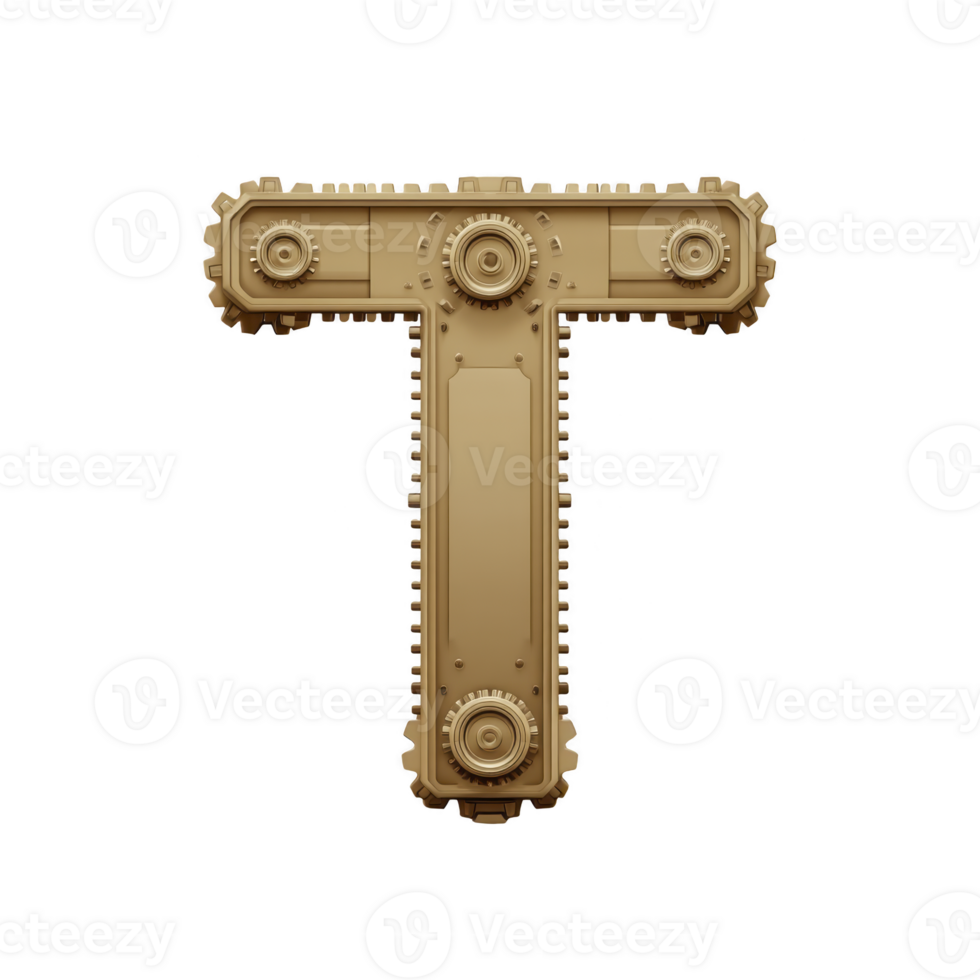 Steampunk inspired letter T design featuring intricate gears and mechanical elements, showcasing metallic and industrial aesthetic. letter is rendered bronze color, emphasizing its vintage png