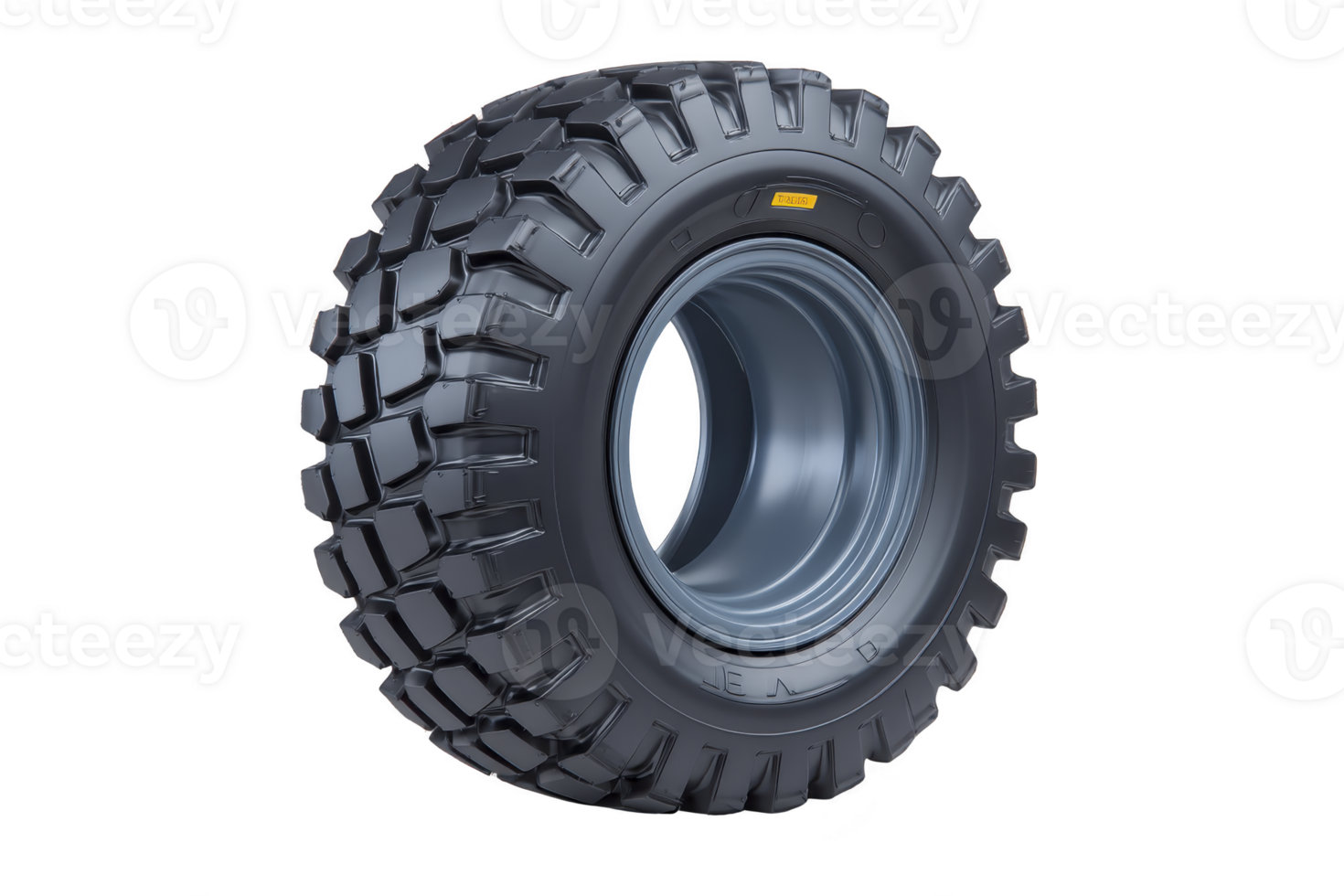 Large, rugged off road tire with deep treads designed for heavy duty vehicles, showcasing durability and strength. tire is black with robust, industrial appearance, suitable for challenging png