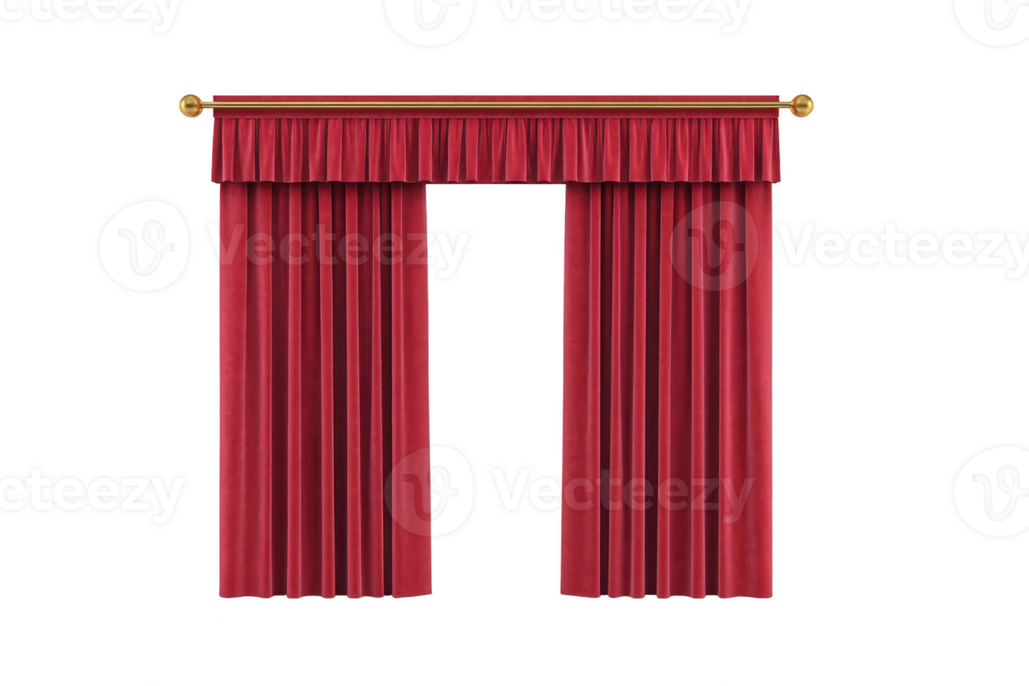 Red velvet curtains with gold rod and decorative finials create elegant and luxurious appearance, perfect for adding touch of sophistication to any room or stage setting png