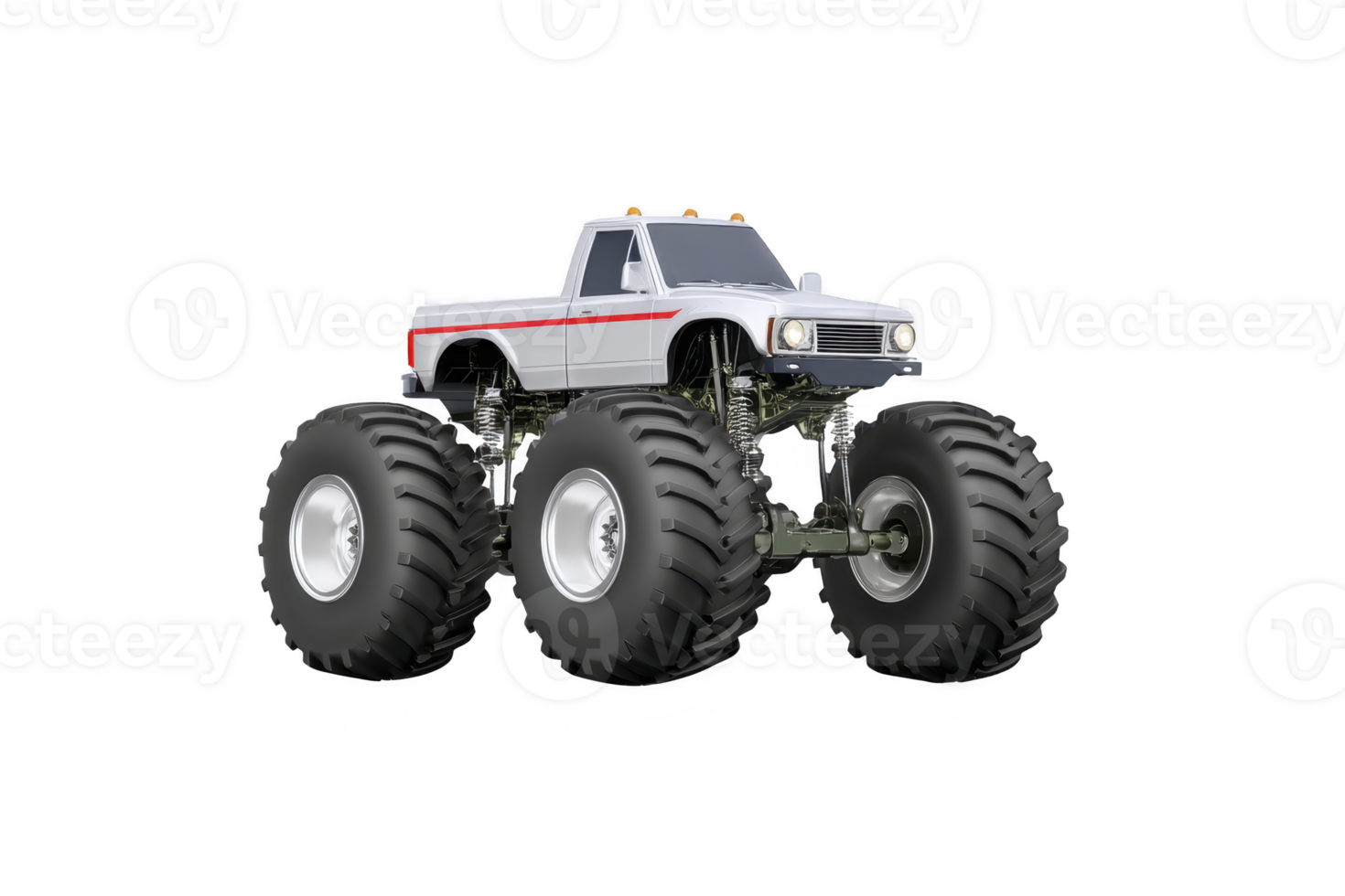 Large monster truck with oversized tires and white body featuring red stripes, designed for off road and competitive events. vehicle suspension is prominently displayed, highlighting its rugged png