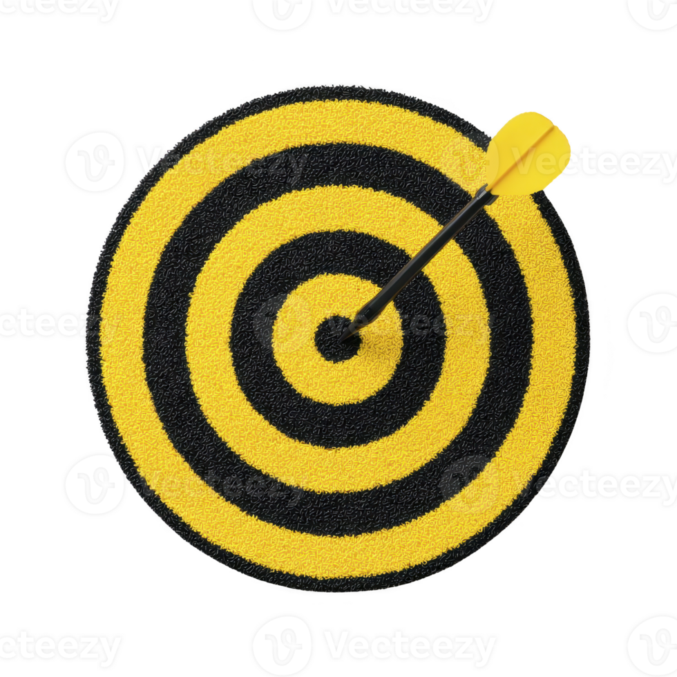 Yellow and black dartboard with dart hitting bullseye symbolizes precision and success. vibrant colors and perfect aim convey sense of achievement and focus png
