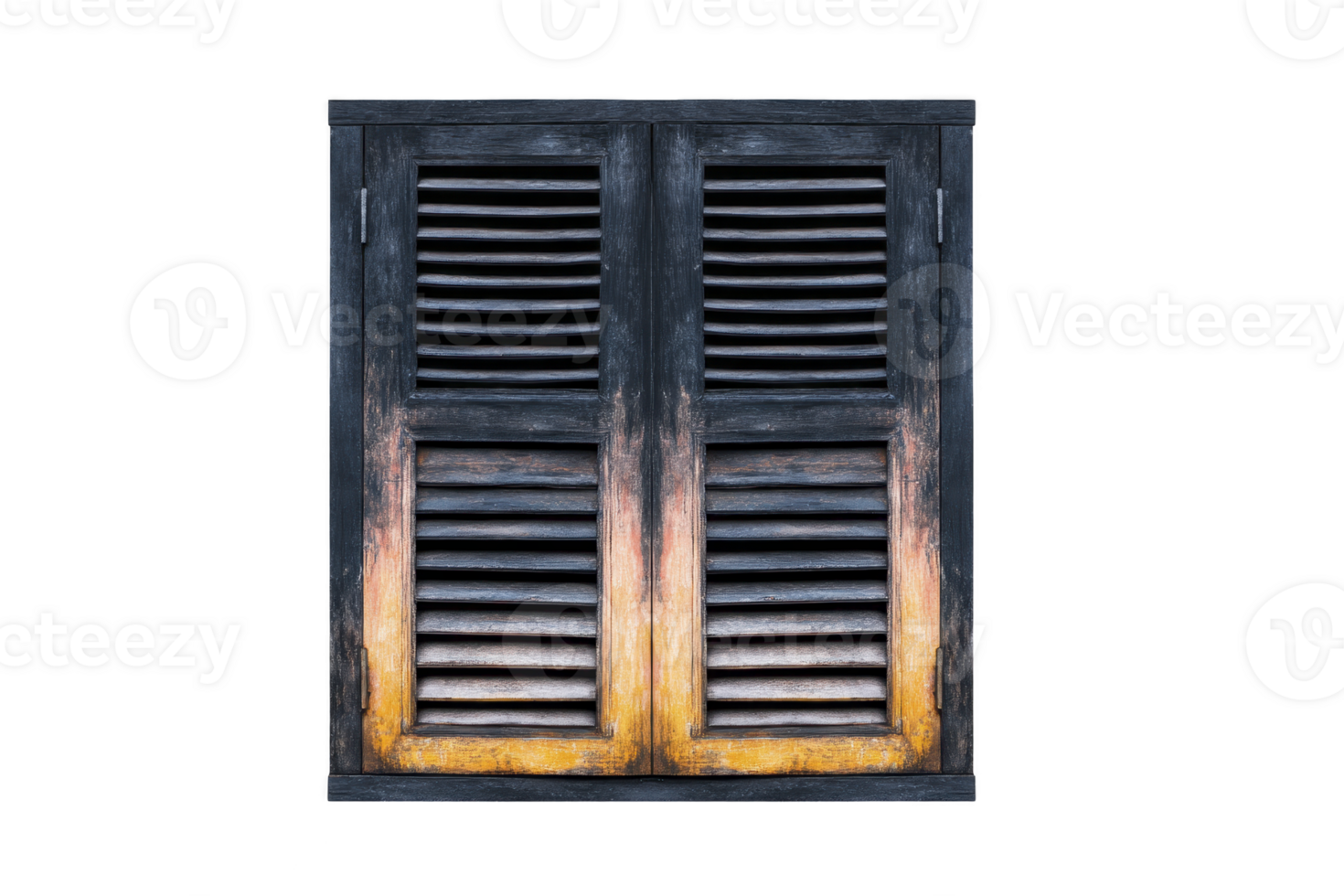 Rustic wooden window shutter with weathered appearance, featuring horizontal slats and gradient of dark blue to warm orange tones, creating vintage and cozy feel png