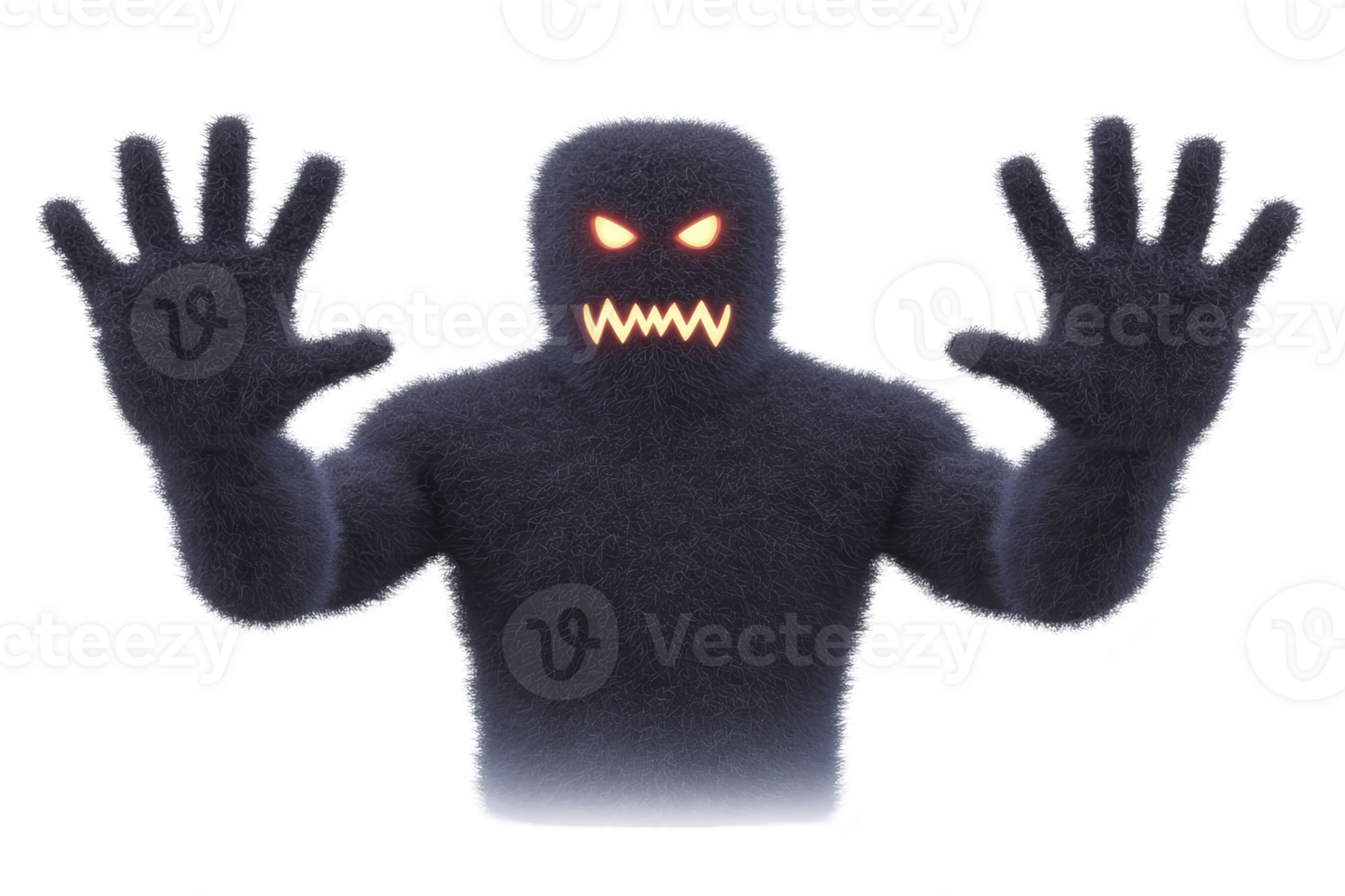 Menacing, shadowy figure with glowing red eyes and sharp teeth raises its hands in threatening gesture, creating sense of fear and mystery png
