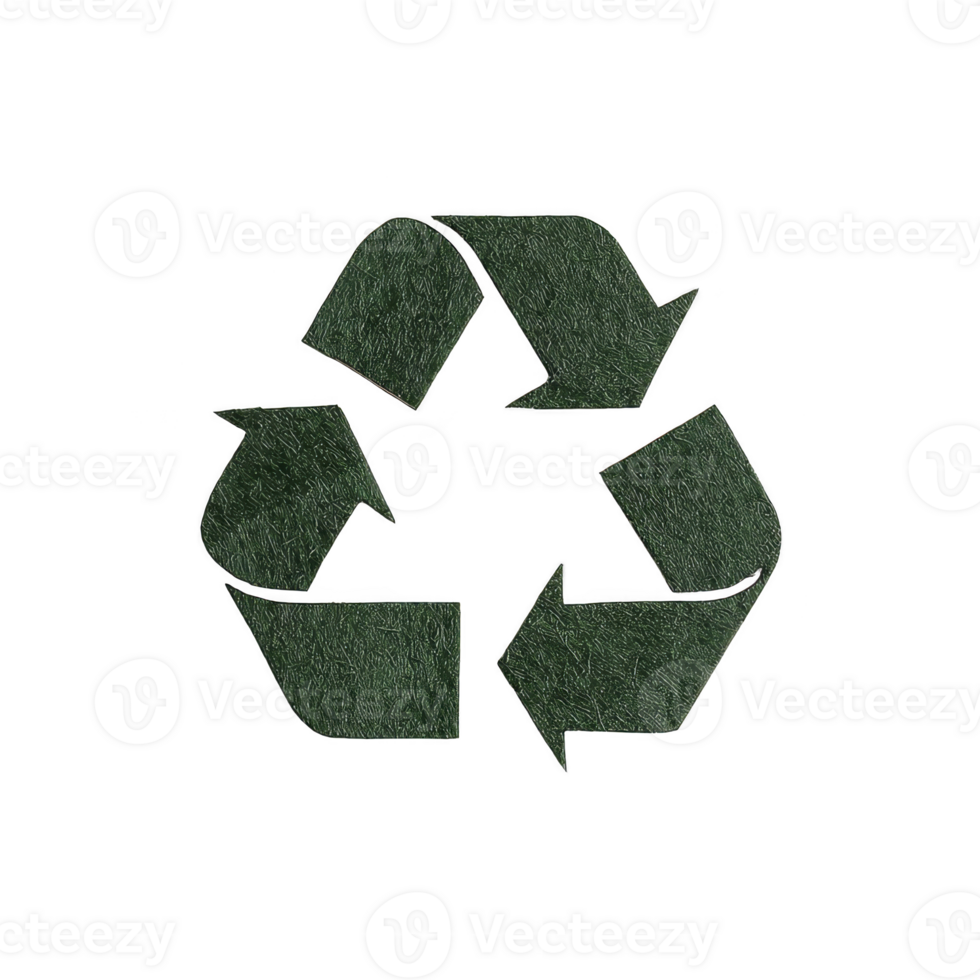 Green textured recycling symbol with three arrows forming triangle, representing sustainability and environmental conservation. design emphasizes eco friendly practices png