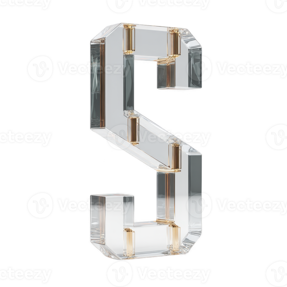 3D transparent glass letter S with reflective surfaces and gold accents, creating modern and elegant appearance. design is sleek and sophisticated, suitable for contemporary decor or graphic png