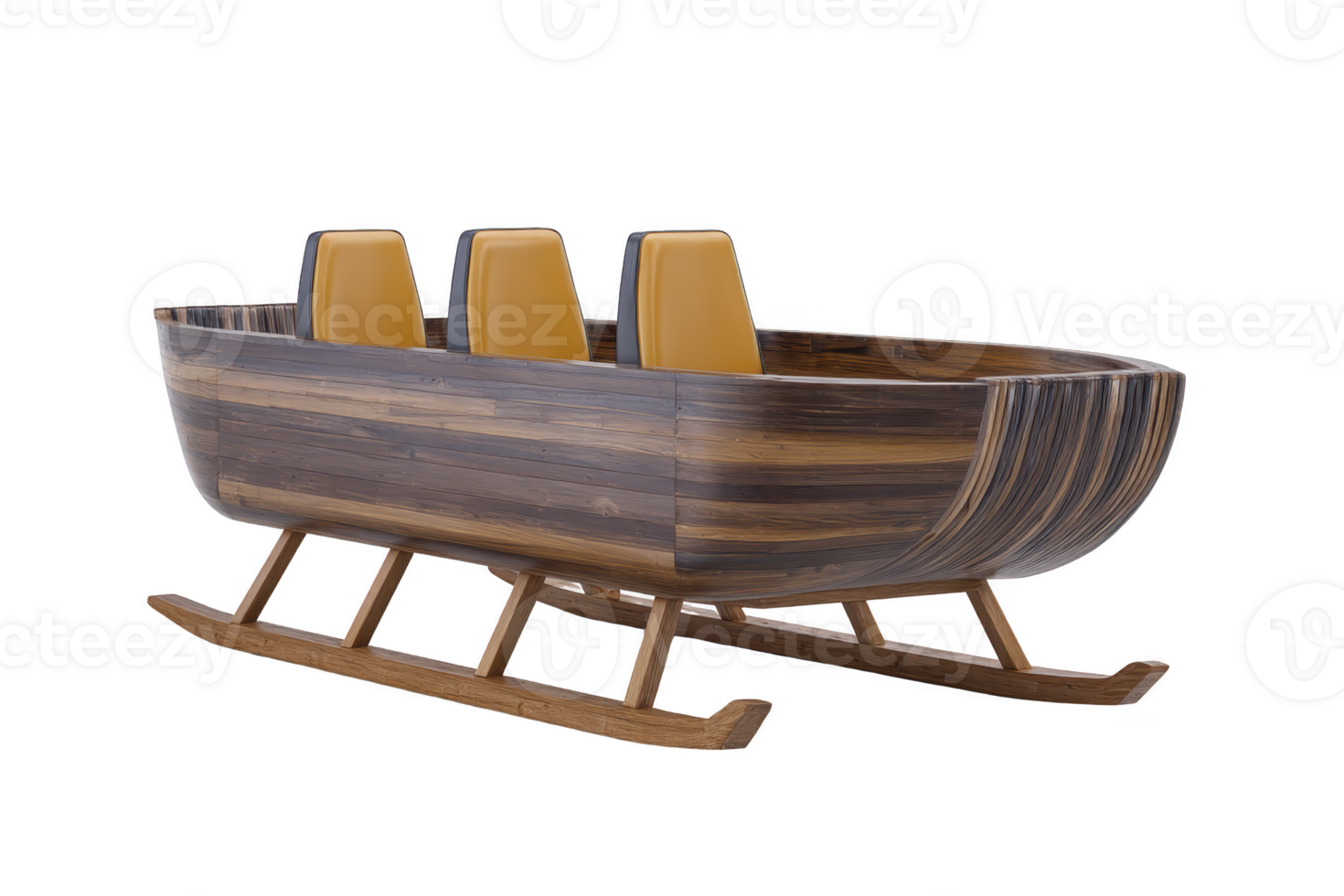 Wooden sleigh with three brown seats, designed for winter activities, showcases rustic and traditional style. sleigh smooth finish and sturdy construction evoke sense of nostalgia and adventure png