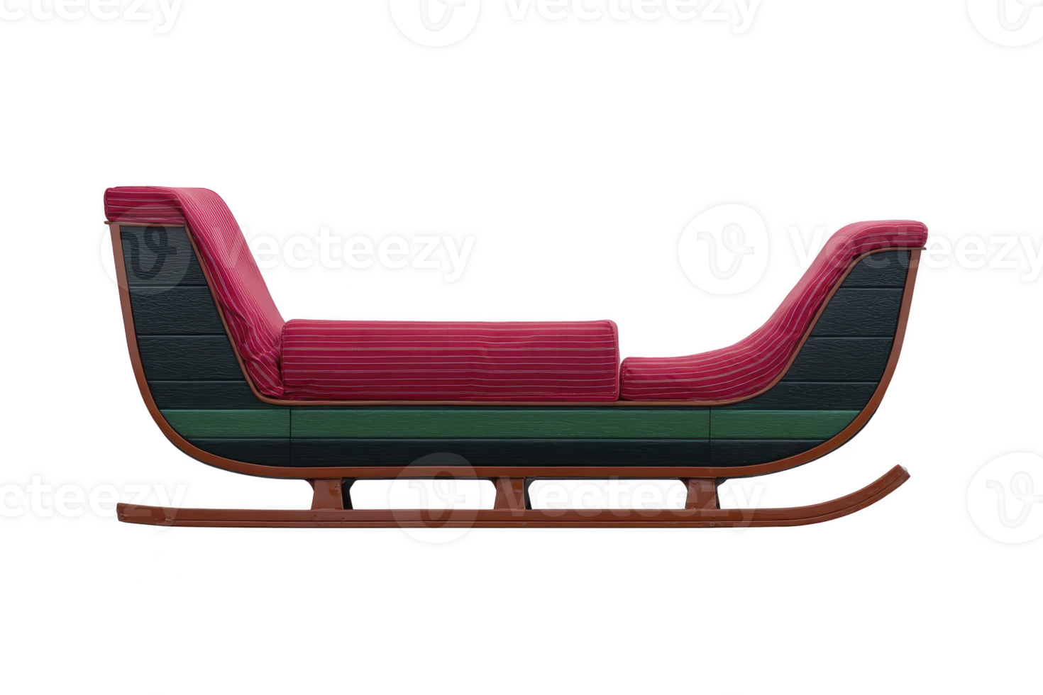 Vintage wooden sleigh with red cushioned seats and classic design, perfect for winter decoration or holiday themes. sleigh features sturdy frame and elegant curves, evoking nostalgic and festive png