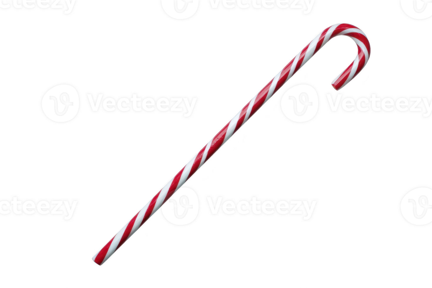 Red and white striped candy cane with curved top, symbolizing Christmas and holiday cheer, isolated on transparency background png