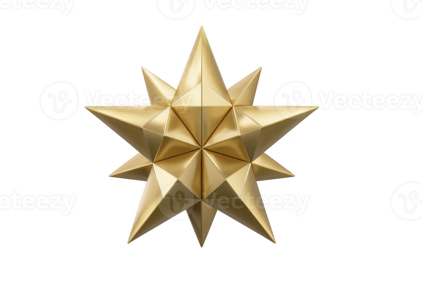 3D geometric star with metallic gold finish, featuring sharp, symmetrical points and reflective surface, set against plain background. design is modern and elegant png