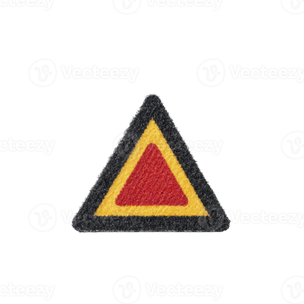 Triangular warning sign with red center and yellow border, symbolizing caution or alert. textured surface adds tactile dimension, enhancing its visibility and effectiveness png