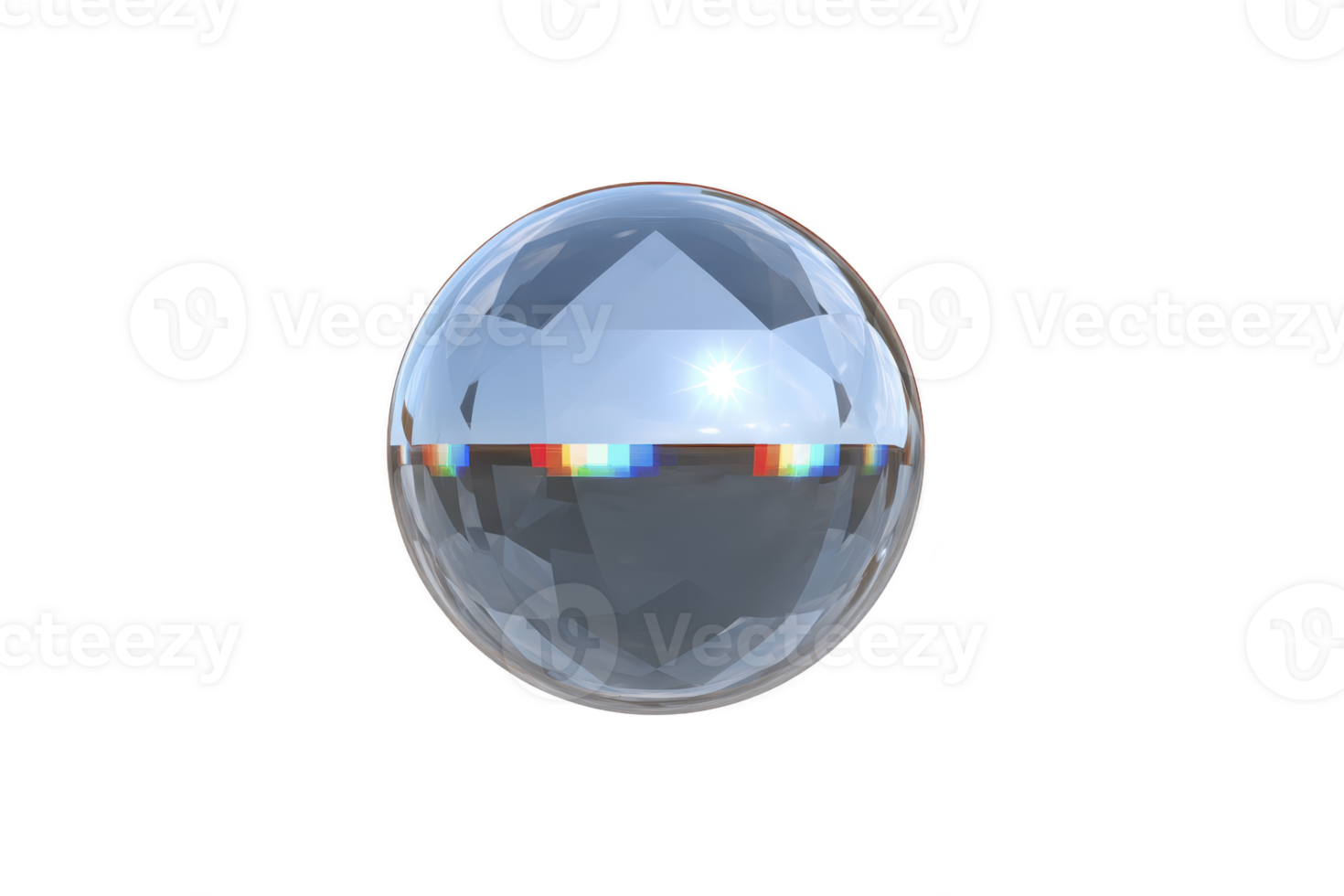 Transparent, faceted crystal sphere reflects light, creating rainbow effect across its surface. geometric design and clear material give it modern, elegant appearance png