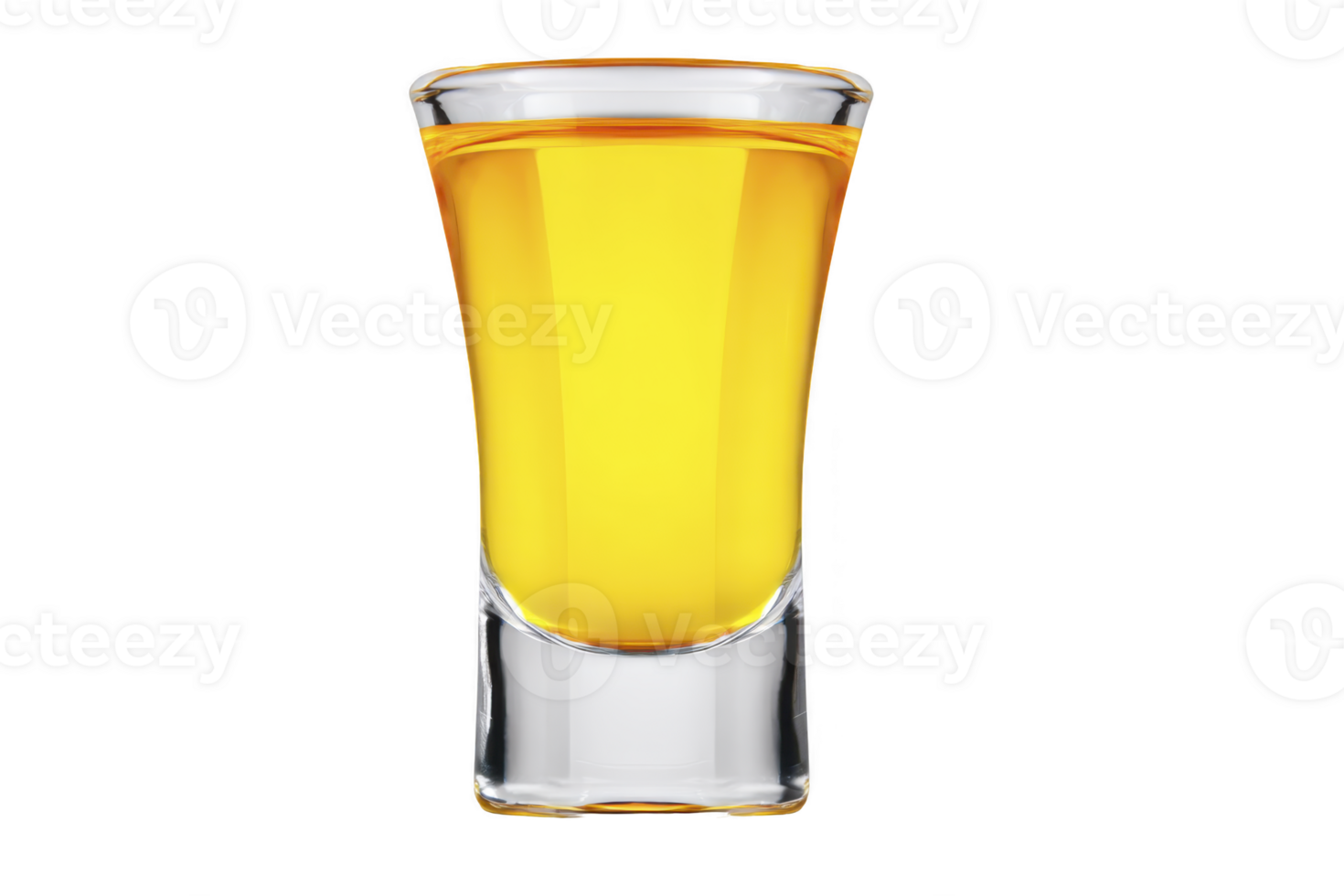 Clear glass shot glass filled with golden liquid, likely type of alcoholic beverage, stands against transparency background. vibrant color and transparency of glass highlight drink rich hue png