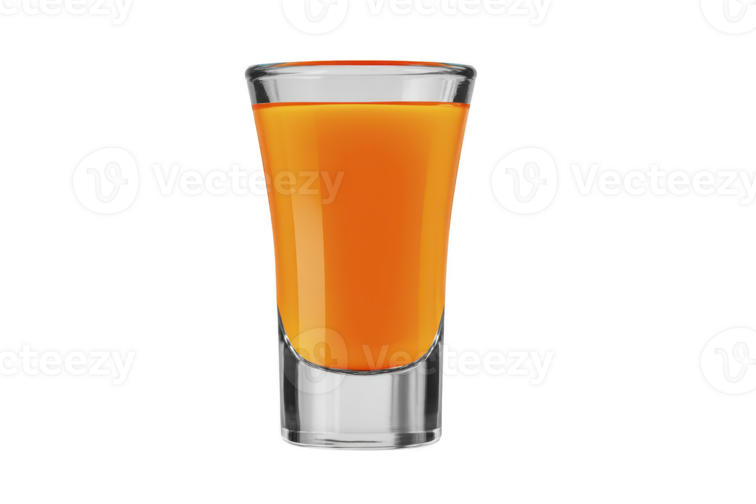 Vibrant orange liquid fills clear shot glass, creating striking contrast. glass is simple and elegant, showcasing bright color of drink, which suggests fruity or citrus flavor png