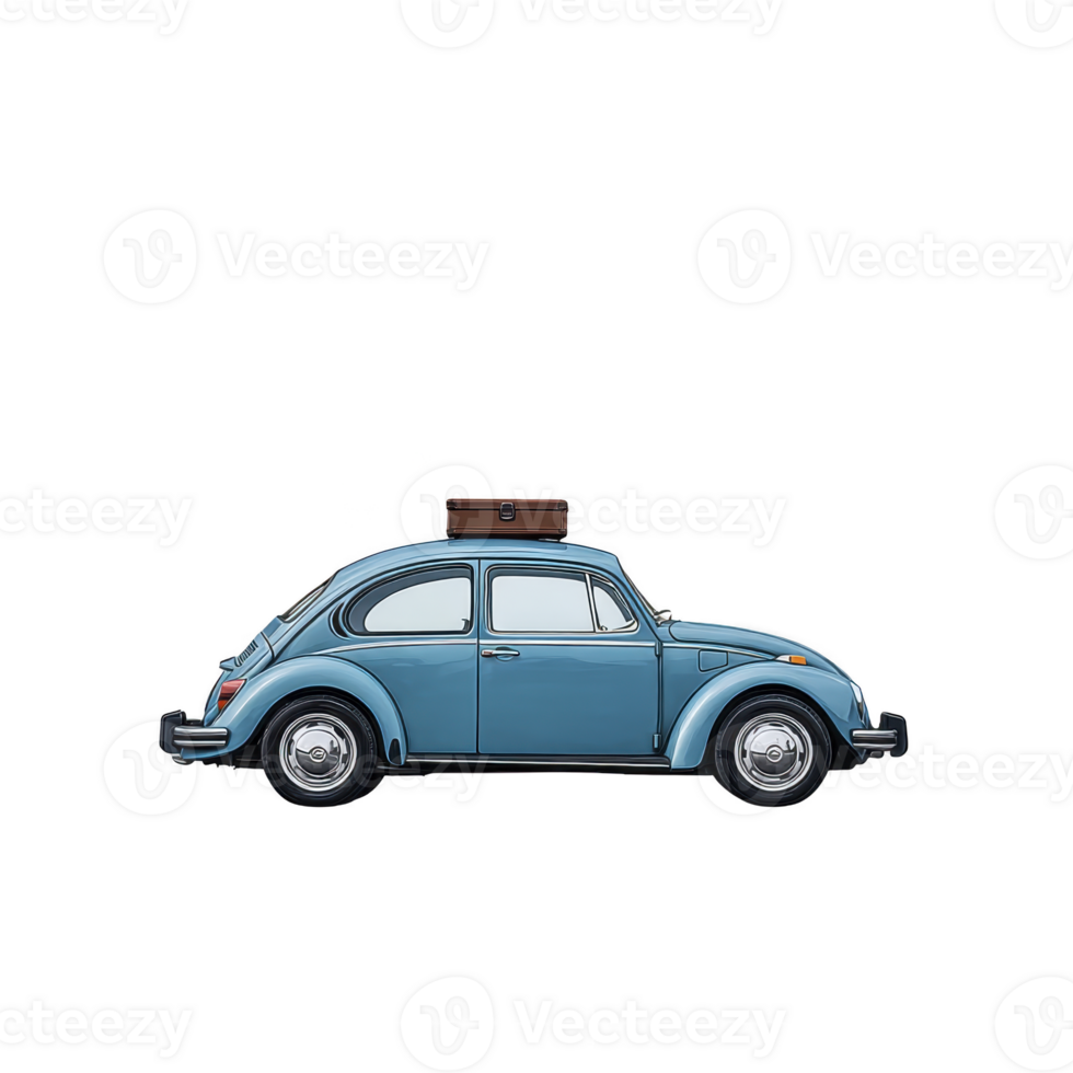 Vintage blue car with suitcase on roof, evoking sense of nostalgia and adventure. classic design and retro style make it ideal for travel themed concepts png