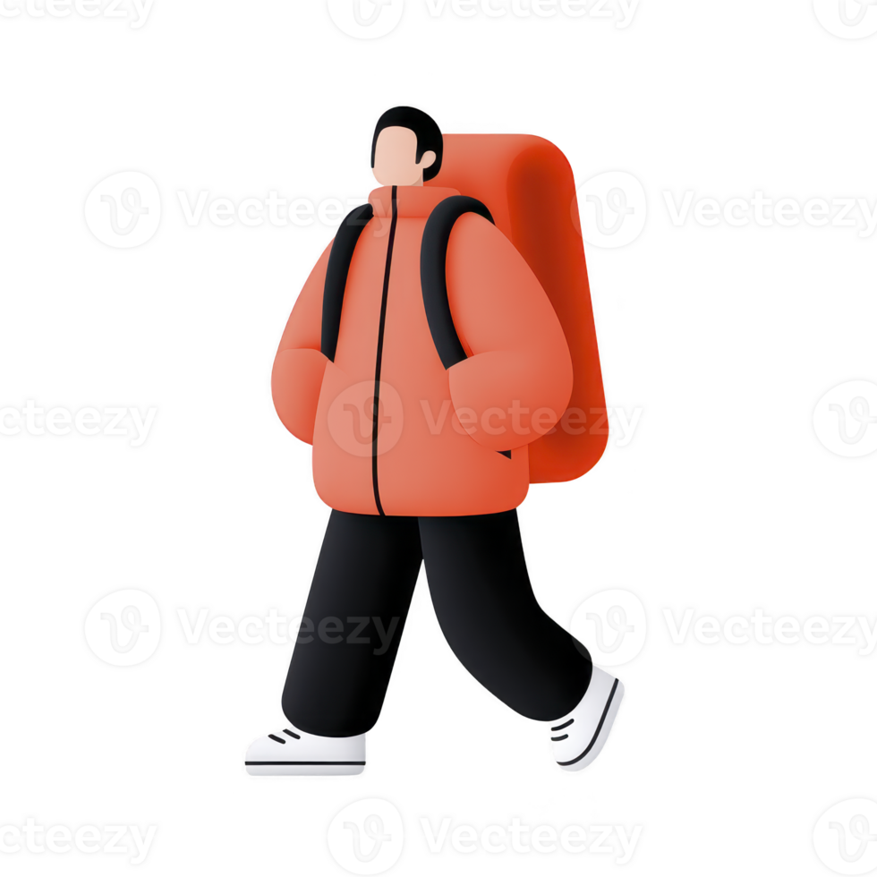 Person in red jacket and black pants is walking with large backpack, conveying sense of adventure and exploration. illustration is simple and modern png