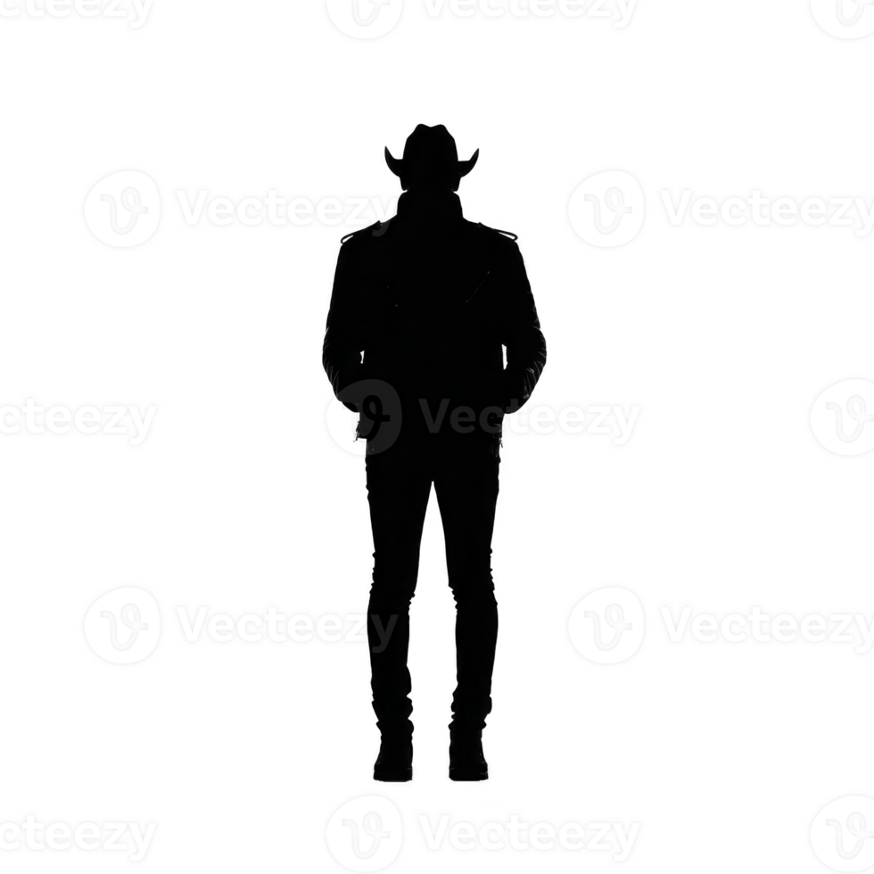 Silhouette of person wearing cowboy hat, standing with hands in pockets, exuding mysterious and confident aura. figure is isolated on transparent background png