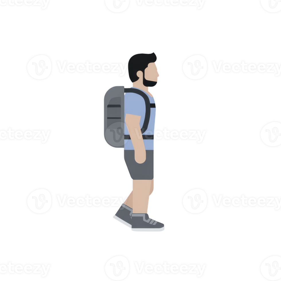 Cartoon illustration of person walking with backpack, wearing blue shirt and shorts, and gray shoes. character is shown in profile view, suggesting casual or travel theme png