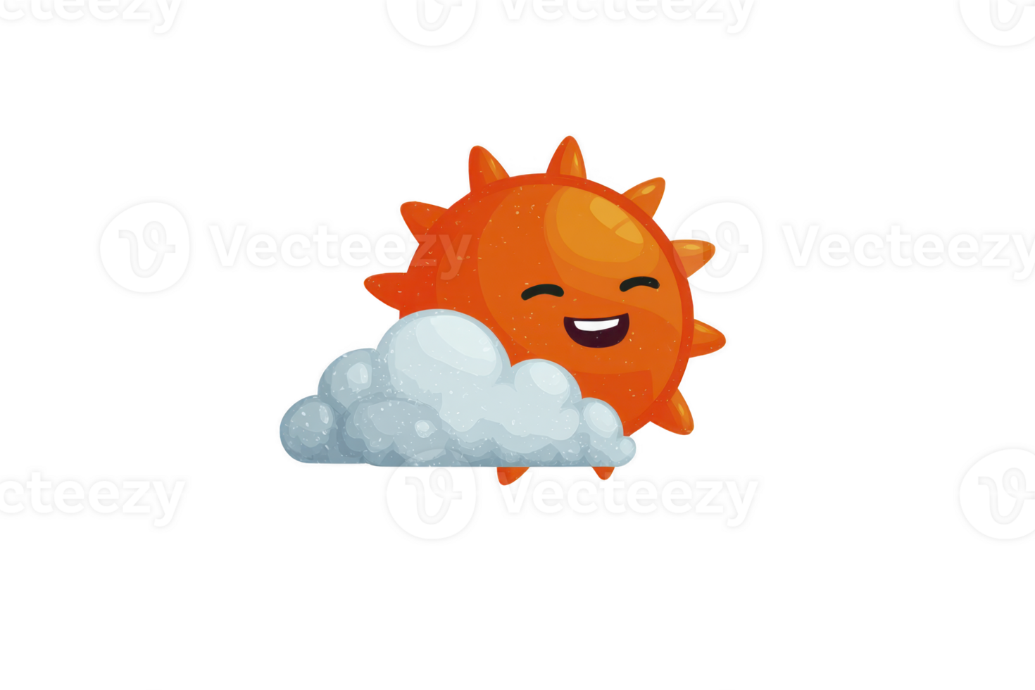 Cute, smiling sun with orange rays peeks out from behind fluffy white cloud, creating cheerful and playful atmosphere. cartoon style adds whimsical touch to image png