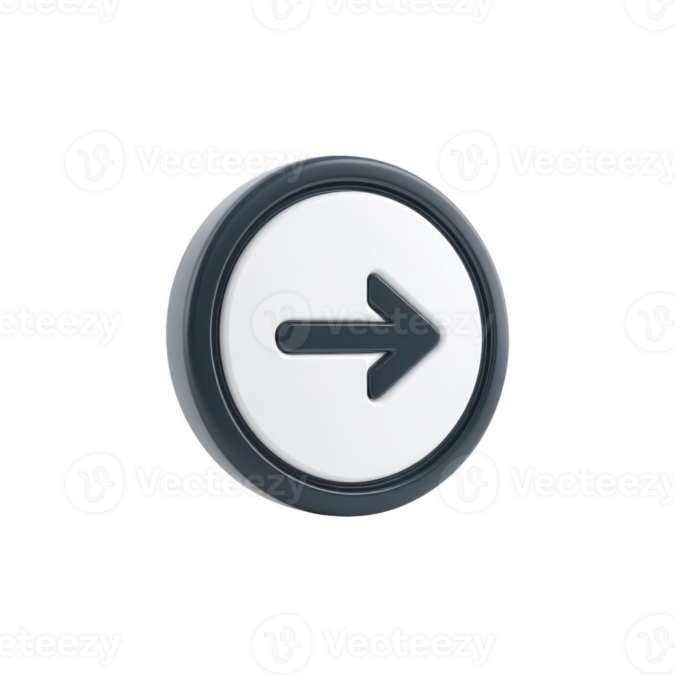 3D circular button with black arrow pointing right, set against transparency background. button has sleek, modern design with dark outer rim, conveying sense of direction and movement png