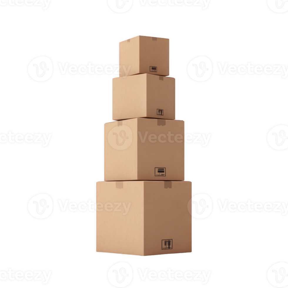 Stacked cardboard boxes of varying sizes create tower, symbolizing storage and organization. plain brown boxes are ideal for moving or shipping, showcasing simplicity and functionality png
