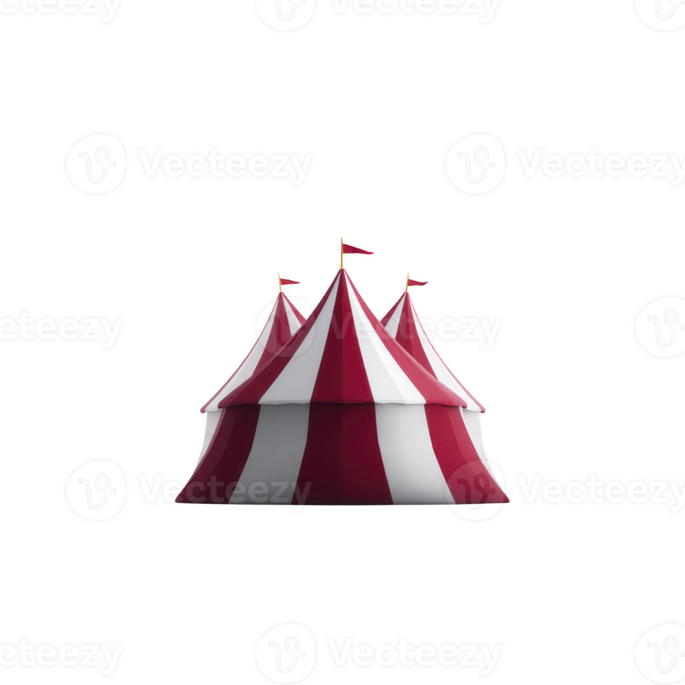 Vibrant red and white striped circus tent with multiple peaks and small flags on top, set against plain background, evokes sense of excitement and adventure png