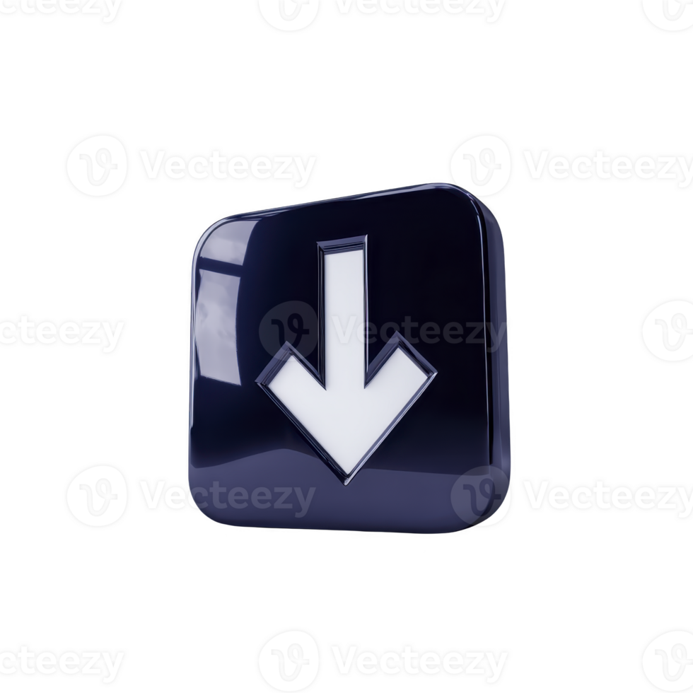 Glossy 3D download icon with white arrow pointing downwards on dark blue square background, reflecting light. design is modern and sleek, suitable for digital interfaces png