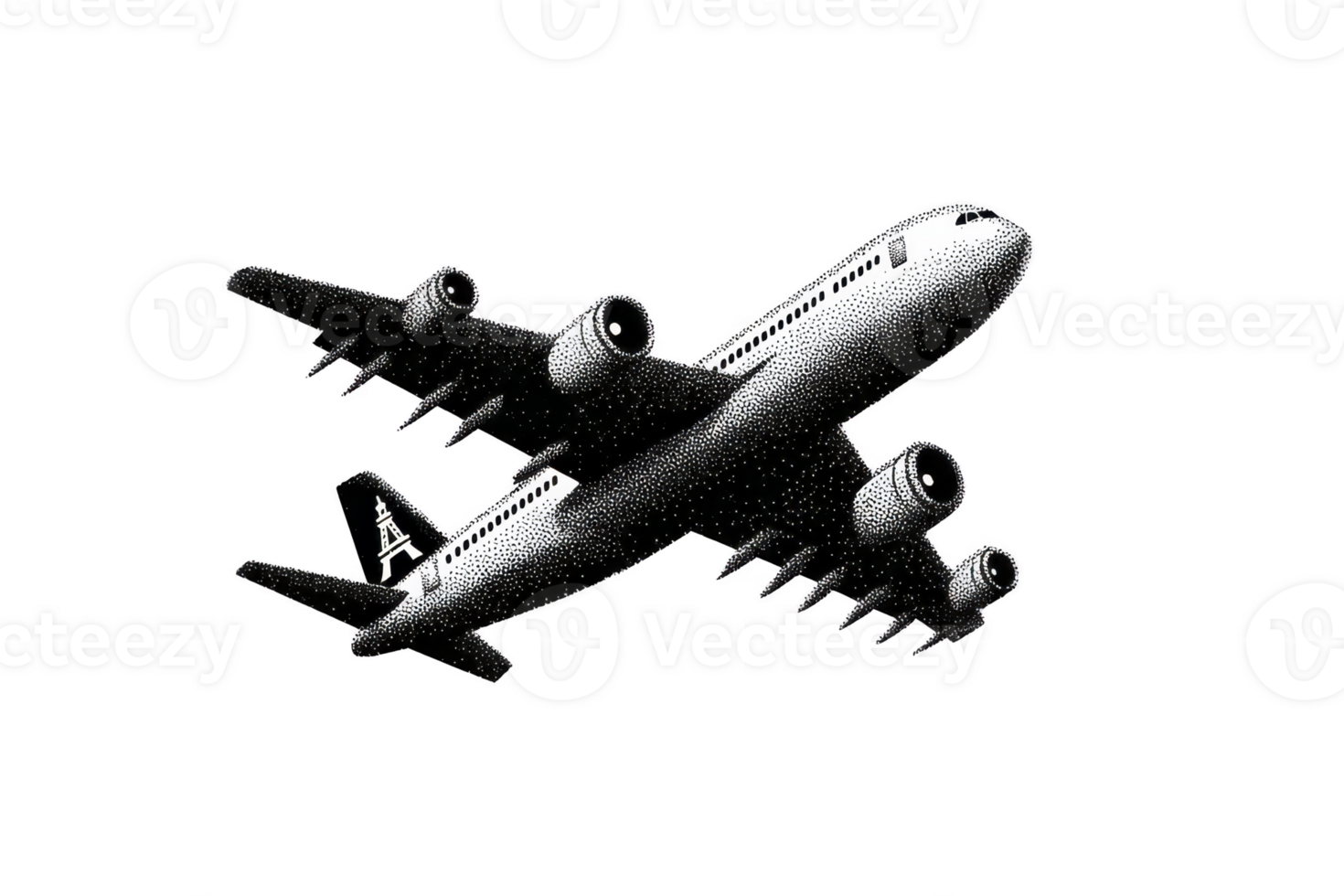 Detailed illustration of large passenger airplane in flight, showcasing its engines and wings. monochrome style adds classic touch, emphasizing aircraft design and structure png