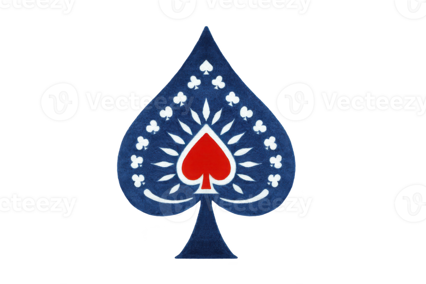 Blue spade symbol with intricate white patterns and red heart in center, creating striking contrast. design is bold and artistic, often associated with card games and symbolism png