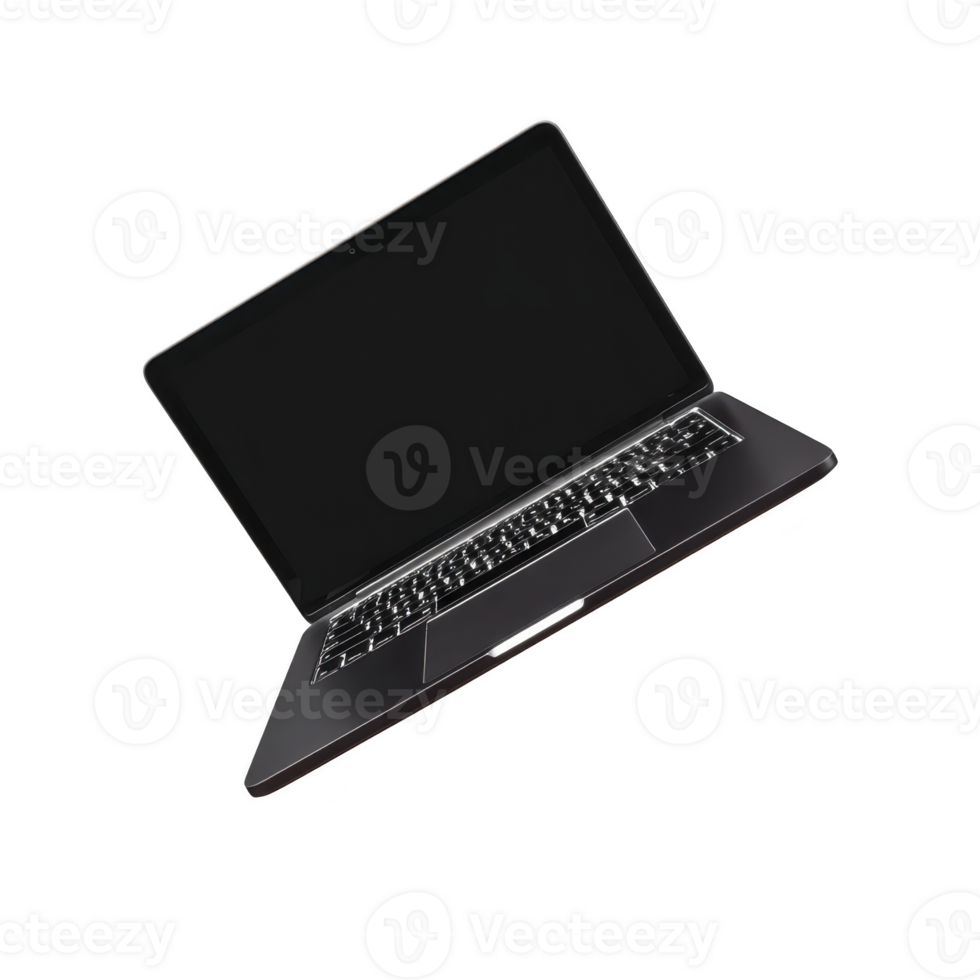 Sleek black laptop with open screen and illuminated keyboard, floating against transparency background, showcasing modern technology and design png