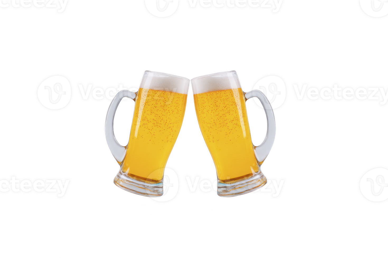 Two frothy beer mugs clinking together, filled with golden beer, symbolize celebration and camaraderie. transparent background highlights vibrant color and bubbles, enhancing festive mood png