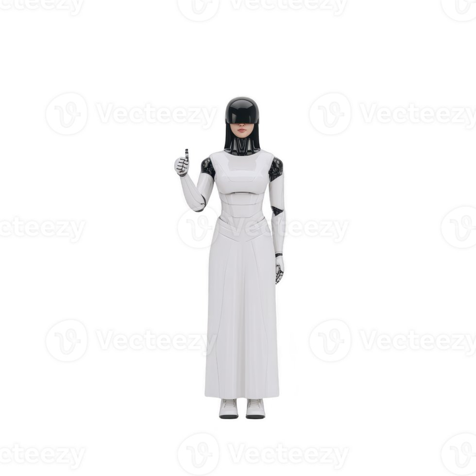 Humanoid robot in sleek white and black design stands confidently, giving thumbs up gesture. futuristic appearance suggests advanced technology and innovation png