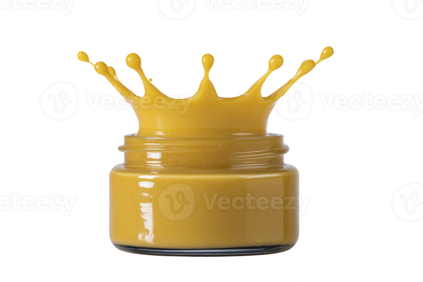 Jar of vibrant yellow paint splashes energetically, creating crown like effect above container. dynamic motion and bright color convey creativity and excitement png