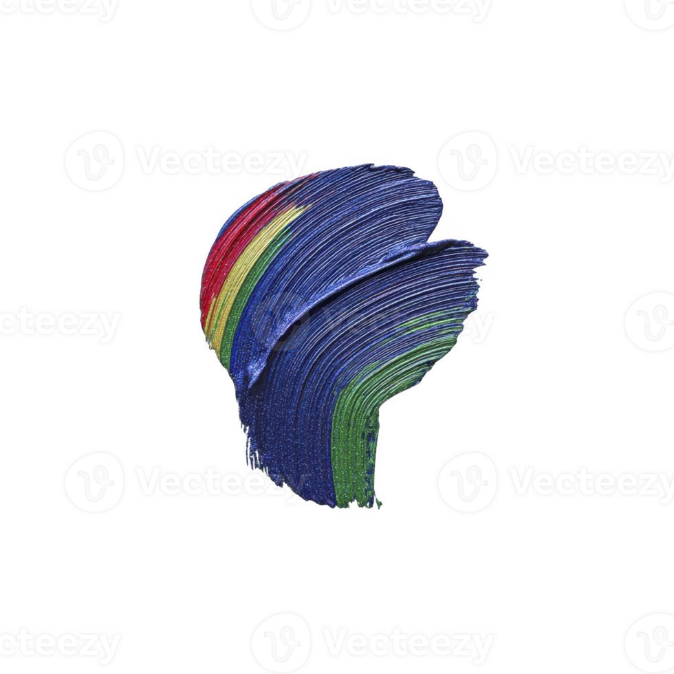 Vibrant abstract brushstroke features bold colors including blue, red, green, and yellow, creating dynamic and artistic composition. textured paint strokes convey movement and creativity png